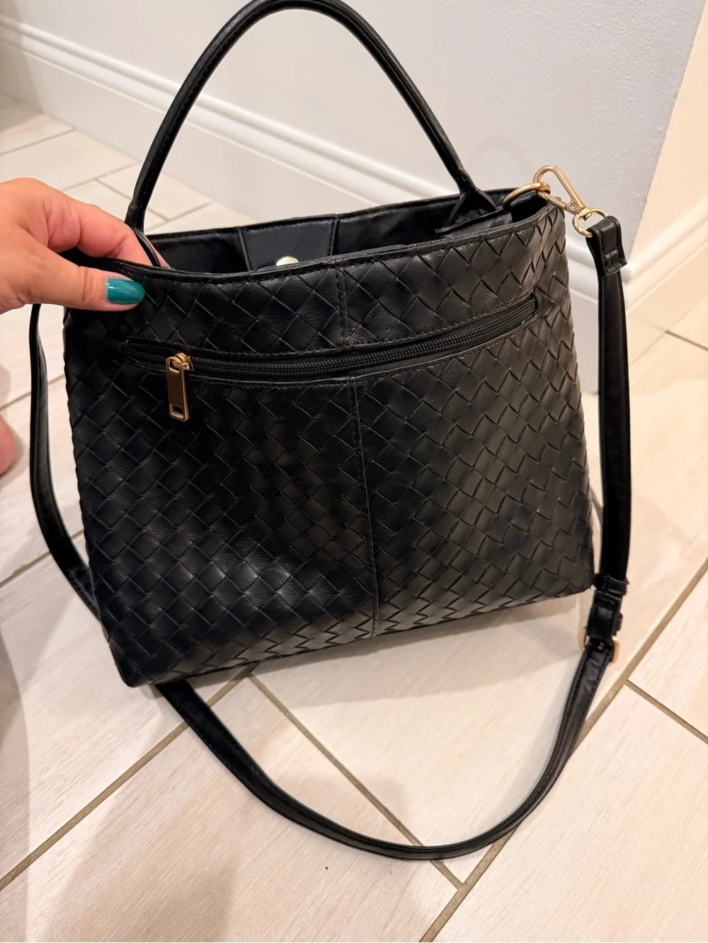 Time and Tru Black Woven Satchel with Gold Hardware